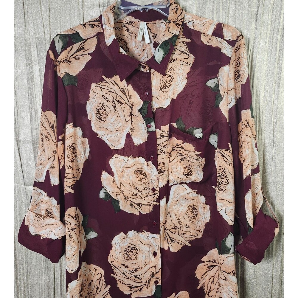 Sheer Burgundy Pink Rose Print Shirt Dress Roll Tab Long Sleeve Plus Size 1X - Picture 2 of 7